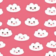 Kawaii funny white clouds muzzle Seamless pattern pink background