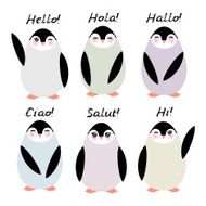 Funny penguins Hello in English Spanish Italian German French Language N4