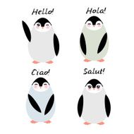 Funny penguins Hello in English Spanish Italian French Language N2
