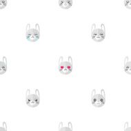 Vector flat cartoon rabbit heads with different emotions seamless pattern