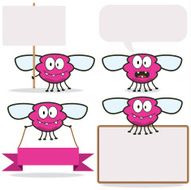 Vector Fuchsia Funny Flying Insect Monster with sign and messages