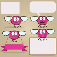 Vector Fuchsia Funny Flying Insect Monster with sign and messages N2