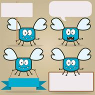 Vector Blue Funny Flying Insect Monster with sign and messages N2