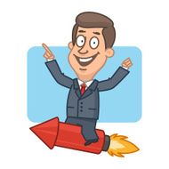 Businessman flying on rocket and smiling