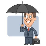 Businessman holding an umbrella and suitcase