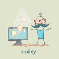 man watching TV with smiles