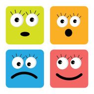 Set of cute funny face emotions Square icons Flat design
