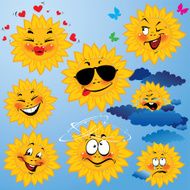 cute cartoons of sun with different expressions and emotions