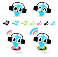 Icon set - Cute Birds listening to music(headphones)