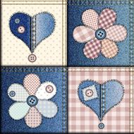 Jeans patchwork with applique of flowers and hearts