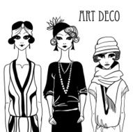 Three doodle women in art deco style