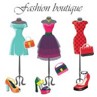 Set of three colored dresses with accessories Fashion illustrat