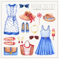 Fashion watercolor woman&#039;ÂÂs outfit with dresses hats bags and shoes