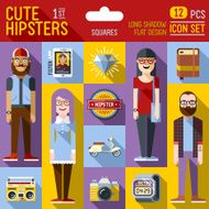 Cute hipster looks vector illustrations squares 1st icon set