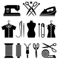 Tailor and garment industry black &amp; white vector icon set