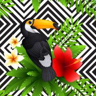 Vector tropical pattern with toucan and hibiscus palm leaves