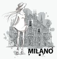 fashion sketch Girl on a Milano Duomo background