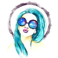 Watercolor fashion girl with sunglasses
