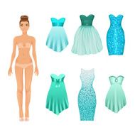 Vector dress-up doll with turquoise dresses