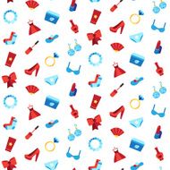 Woman accessories seamless pattern of cosmetics clothes