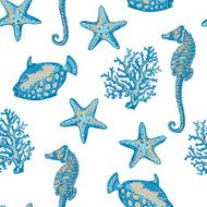 Seamless pattern with starfish coral fish seahorse Hand draw N2