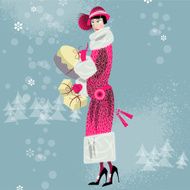 Winter Woman shopping Retro style Art deco