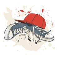 Drawing vector illustration with sneakers and baseball cap