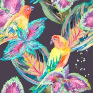 Watercolor Parrots Tropical flower and leaves