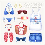Fashion watercolor woman&#039;s outfit with jeans shorts and top
