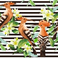 Seamless pattern of exotic birds leaf and flower