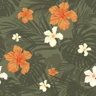 Tropical seamless monochrome khaki camouflage background with leaves and flowers
