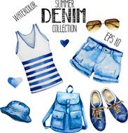 Watercolor collection of sunglasses and casual denim clothes