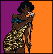 African black girl singing with retro microphone and leopardskin dress