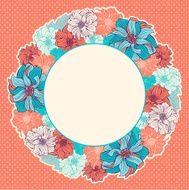 Greeting card with wreath of hand-drawn flowers