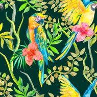 Macaw seamless pattern Topical flower and leaves hibiscus Tropical parrot