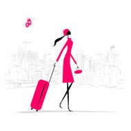 Fashion woman with suitcase cityscape background
