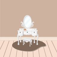 white dressing table with relate mirror and stool