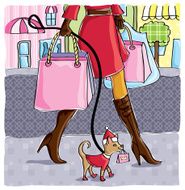 Woman shopping and walking her little dog
