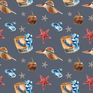 Seamless pattern with beach bag shoes sunglasses and a coconut