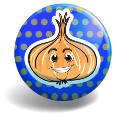 Blue badge with smiling onion