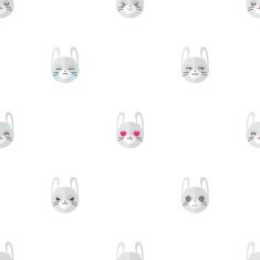 Vector flat cartoon rabbit heads with different emotions seamless pattern