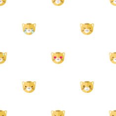 Vector flat cartoon tiger heads with different emotions seamless pattern