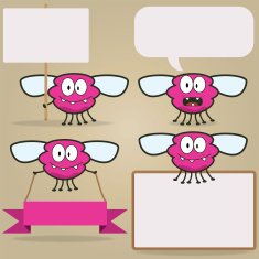 Vector Fuchsia Funny Flying Insect Monster with sign and messages N2