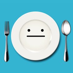 Quiet face draw on white plate with spoon and fork