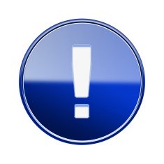 Exclamation symbol icon glossy blue isolated on white background