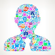 Businessman on Modern Technology & Communication interface icon Pattern