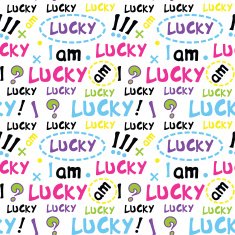 decorative yellow seamless pattern with words "lucky"