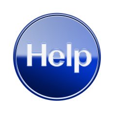 Help icon glossy blue glass isolated on white background