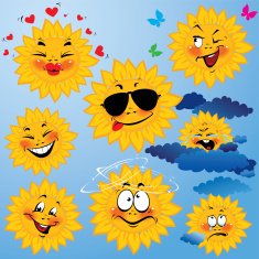 cute cartoons of sun with different expressions and emotions