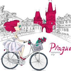 Vector cute girl on the bike in Prague